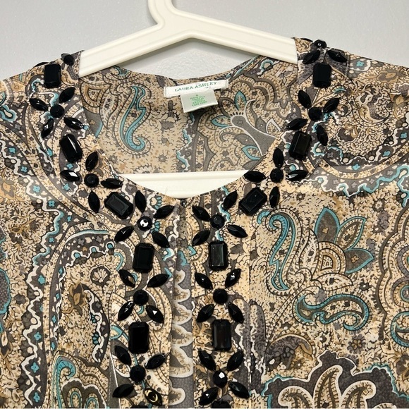 Laura Ashley Silk Paisley Fly-Away Beaded Long Sleeve Blouse Flowy Mature - Picture 2 of 10